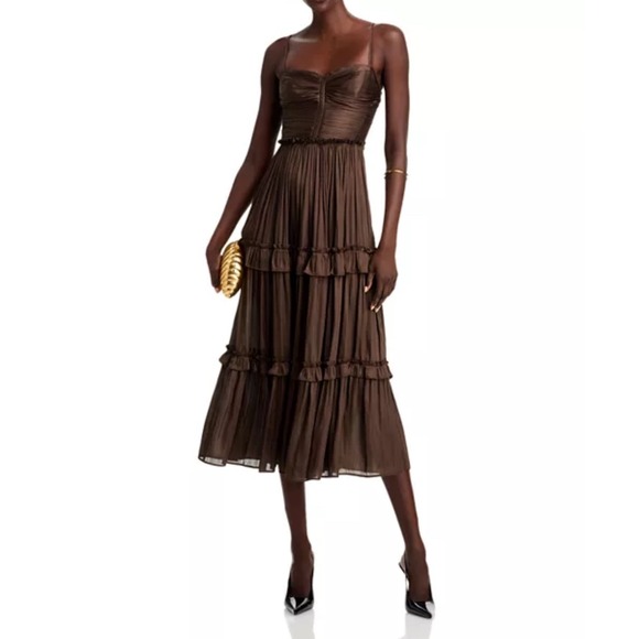 Aqua Dresses & Skirts - AQUA Brown Midi Dress Ruffle Tiered Smocked Bodice Party Cocktail S